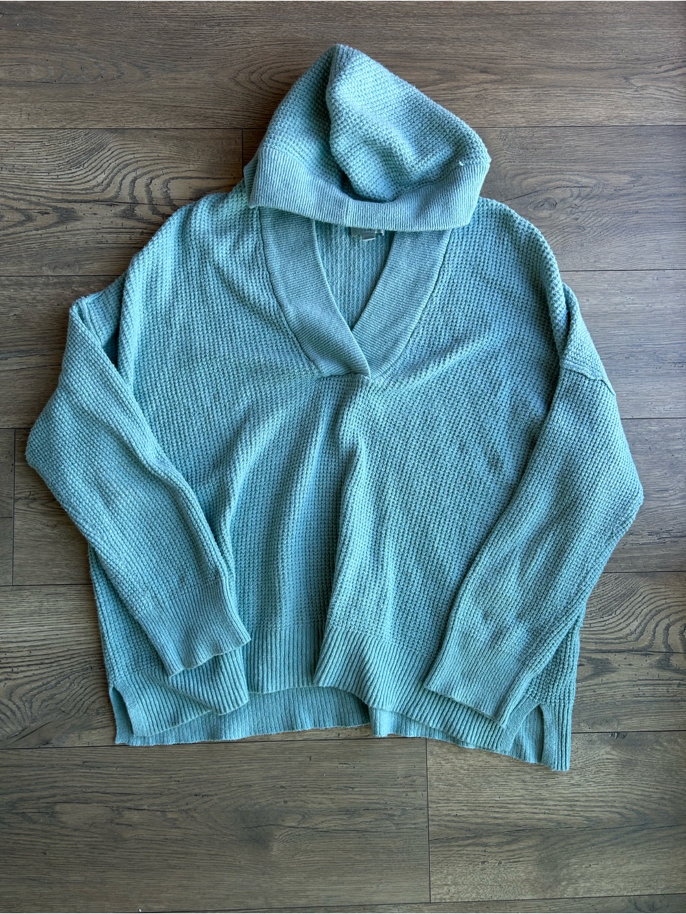 🪴 aerie Light Teal Knit Hooded Waffle Sweater